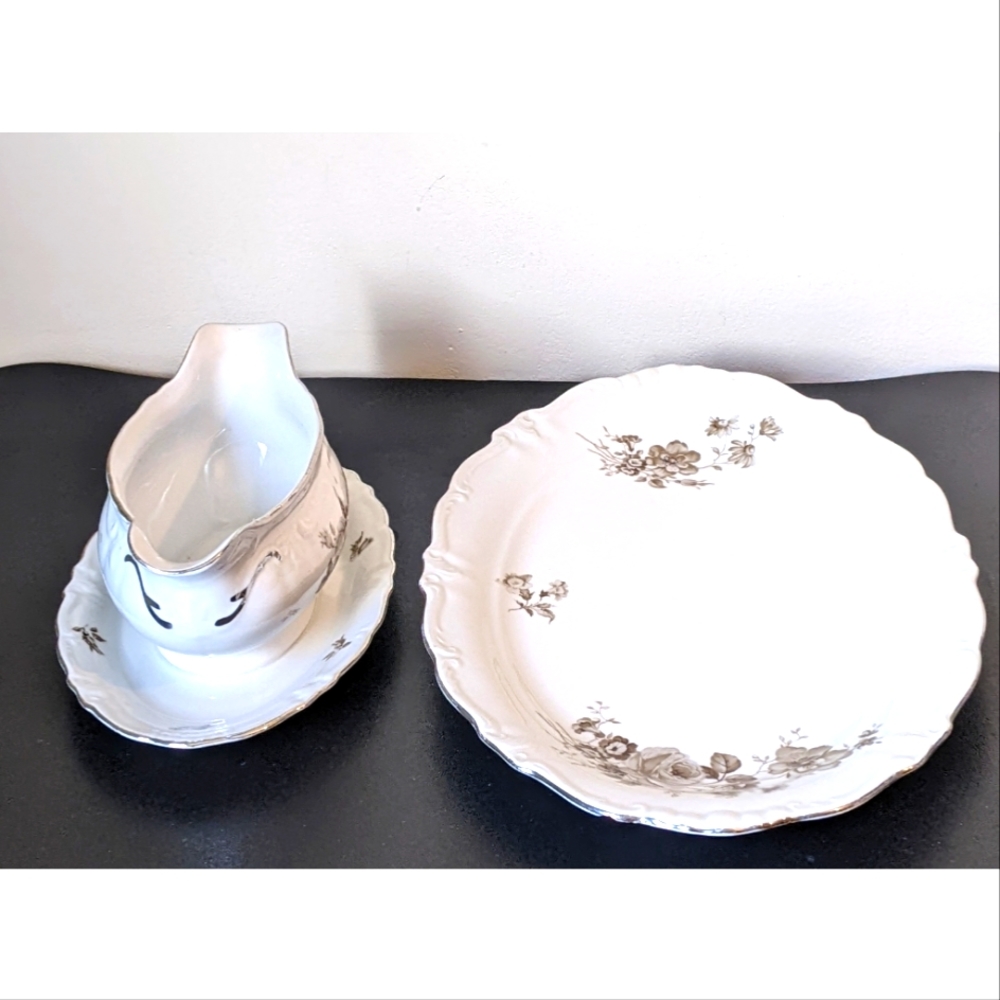 2PC Winterling Bavaria EMPRESS Platinum Trim Oval Serving Platter & Gravy Boat